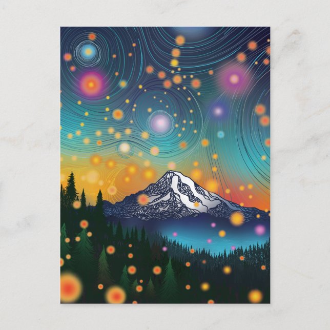 Postal Monte Rainier w Evening Starry Sky y luciérnagas (Anverso)