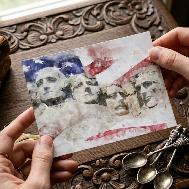 Postal Monte Rushmore acuarela con bandera americana (Mount Rushmore Watercolor with American Flag. Postcard)