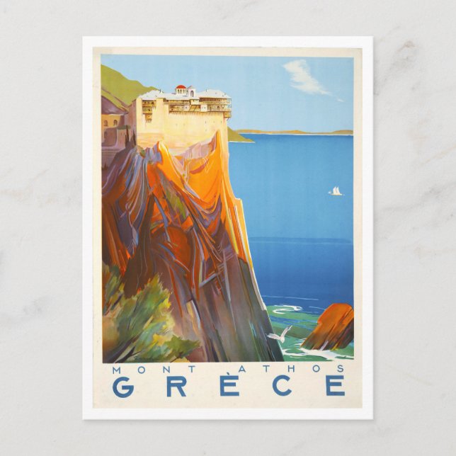Postal Monte Viejo Athos, Grecia, afiche de viajes (Anverso)