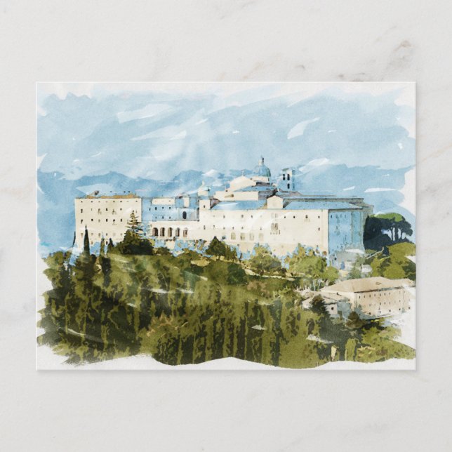 Postal Montecassino Italia Viaje a acuarela Regalo Souven (Anverso)