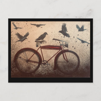 Postal Montón de cuervos en una bicicleta roja vintage