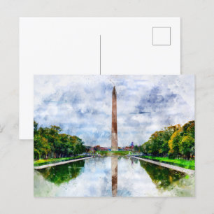 Postal Monumento a Washington acuarela con reflejo