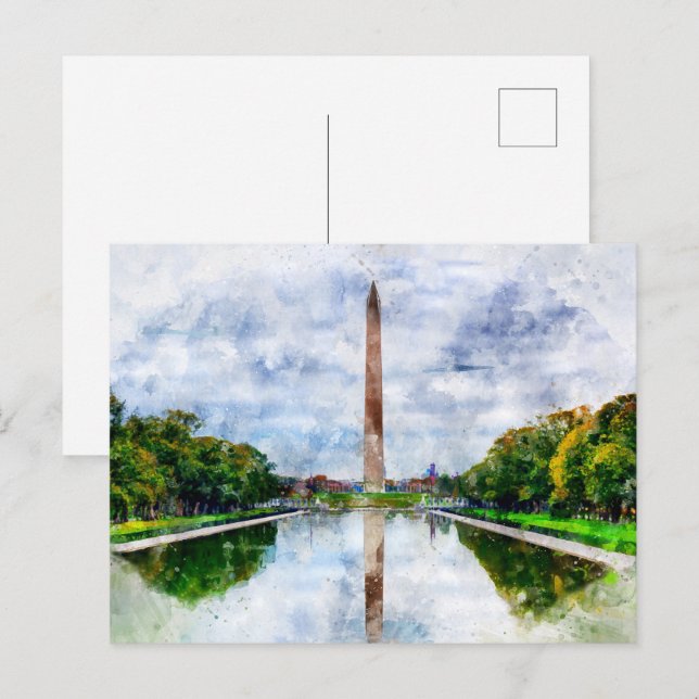 Postal Monumento a Washington acuarela con reflejo (Anverso / Reverso)