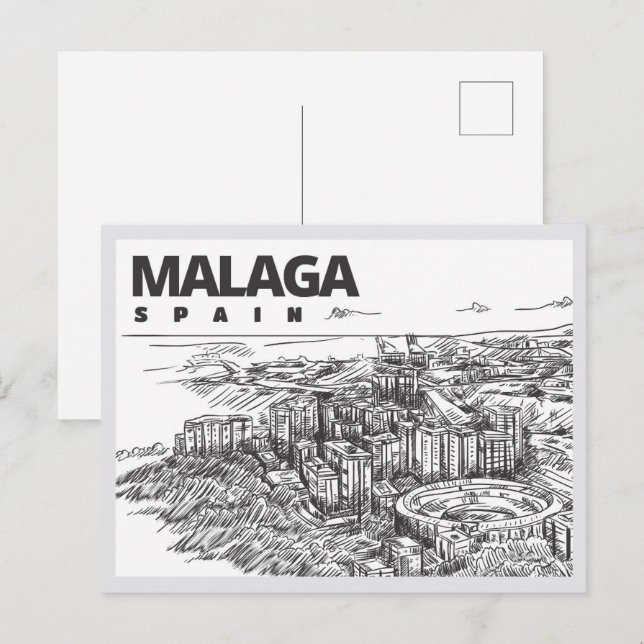 Postal Monumento de Málaga España dibujado a mano (Anverso / Reverso)