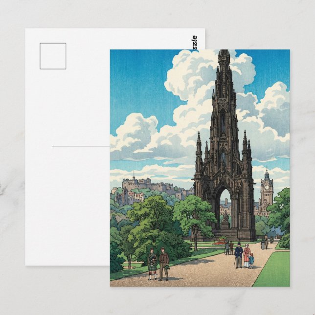 Postal Monumento Scott de Edimburgo Pri de grabado en mad (Anverso / Reverso)