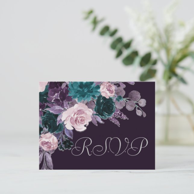 Postal Moody Boho | Eggplant Oscuro Púrpura Floral Verde  (Anverso de pie)