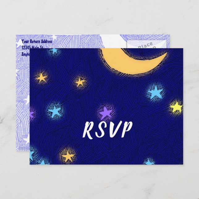 Postal Moon and Stars Etching Personalizado Fiesta RSVP P (Anverso / Reverso)