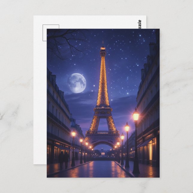 Postal Moonlit Paris – Romantic Eiffel Tower Night (Anverso / Reverso)