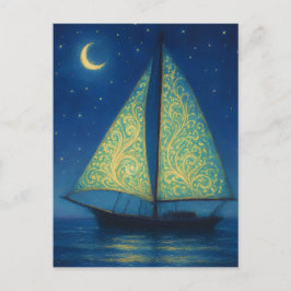 Postal Moonlit Sailboat - Pastel Painting Style Night Art