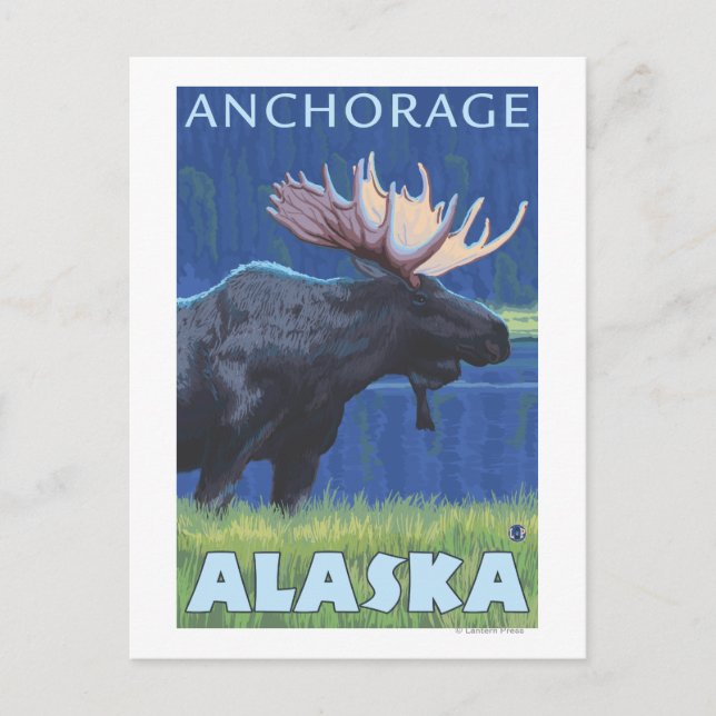 Postal Moose de noche - Anchorage, Alaska (Anverso)
