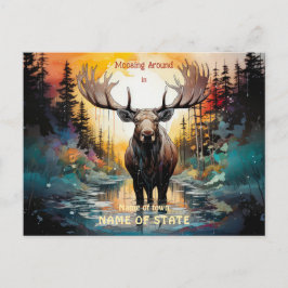 Postal Moose surrealista en pie en el agua