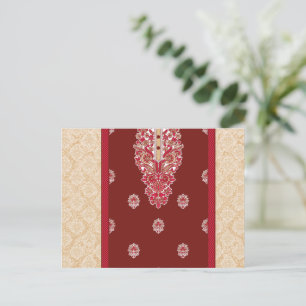 Postal moqueta roja y beige con un borde rojo