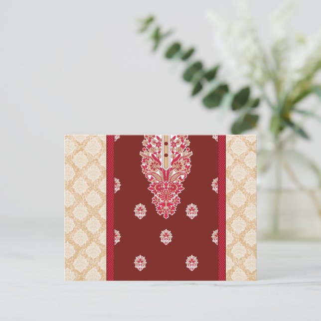 Postal moqueta roja y beige con un borde rojo (Anverso de pie)