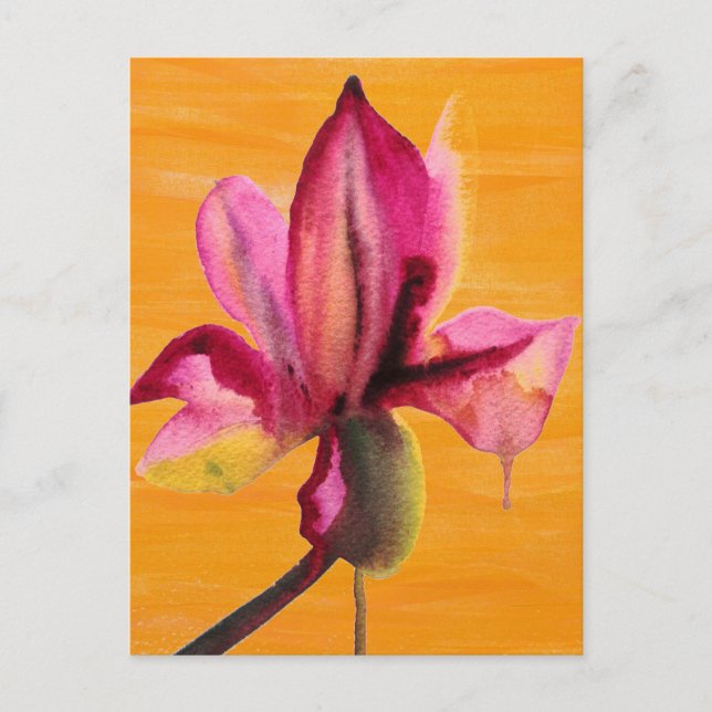 Postal Morada Orquídea acuarela naranja flor de arte pop (Anverso)