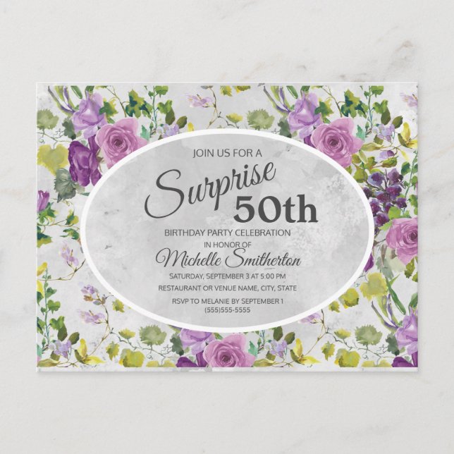 Postal Morado acuarela Floral y deja 50 cumpleaños (Anverso)