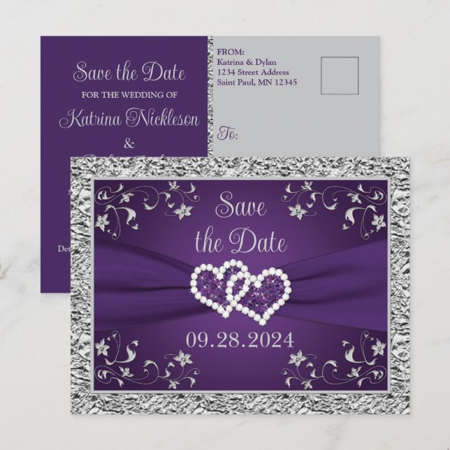 Postal Morado, Gray Love Hearts Wedding Save the Date (Anverso / Reverso)