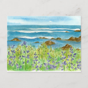 Postal Morado Lupines Acuarela Flores salvajes Olas oceán