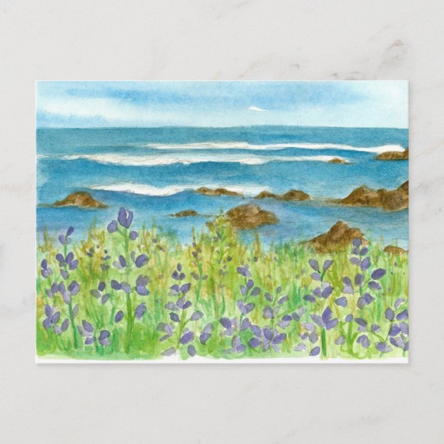 Postal Morado Lupines Acuarela Flores salvajes Olas oceán (Anverso)