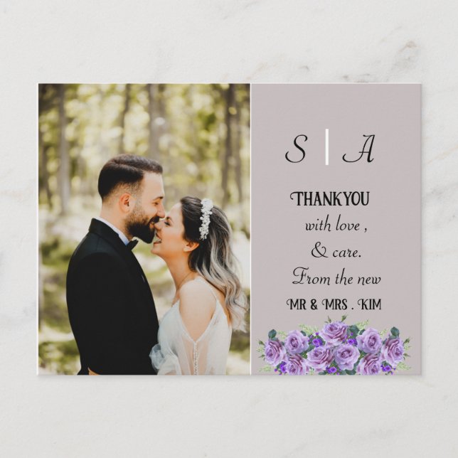 Postal Morado minimalista suave gris y negro Foto Gracias (Anverso)