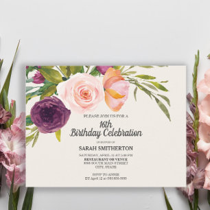 Postal Morado Peach Watercolor Floral Marfil 16 cumpleaño