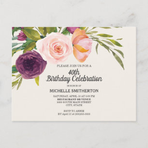 Postal Morado Peach Watercolor Floral Marfil 40 cumpleaño