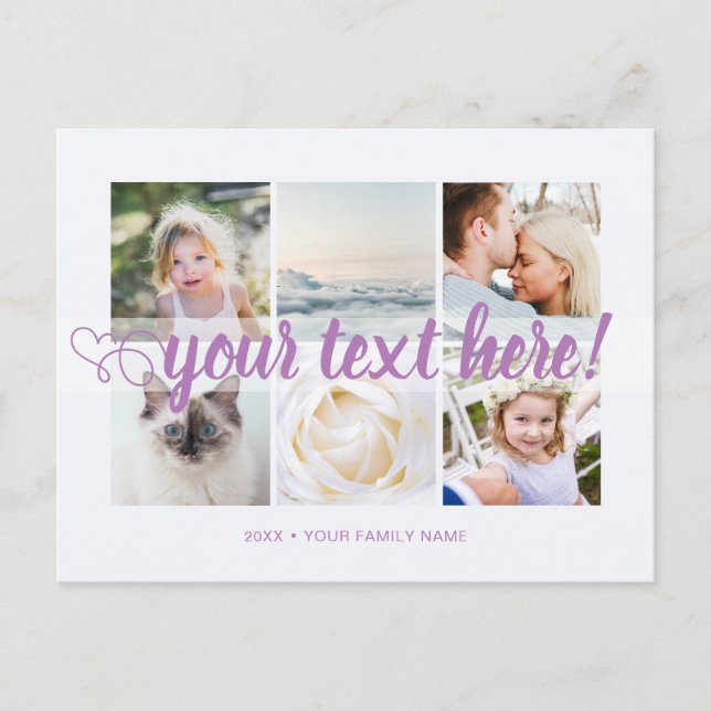 Postal Morado Tu texto personalizado 6 collage de fotos u (Anverso)