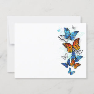Postal Morfo y monarca de las mariposas voladoras