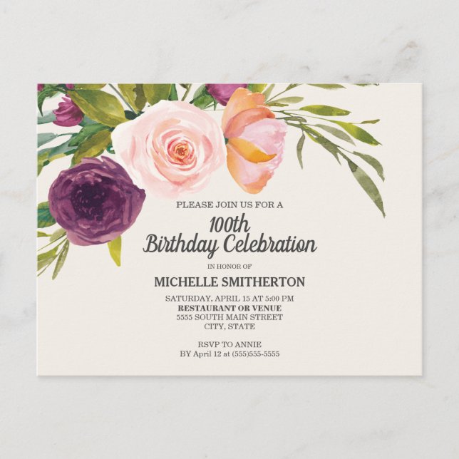 Postal Morple Peach Floral Ivory 100 cumpleaños (Anverso)