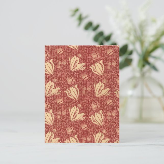 Postal Morris Inspirado Lily Flor Tejido Rojo Botánico (Anverso de pie)