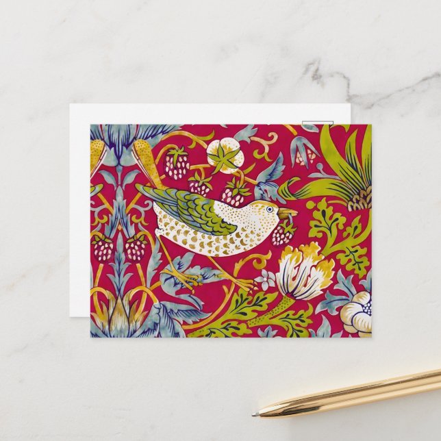 Postal Morris Red Background Strawberry Thief Pattern (Anverso/Reverso In Situ)