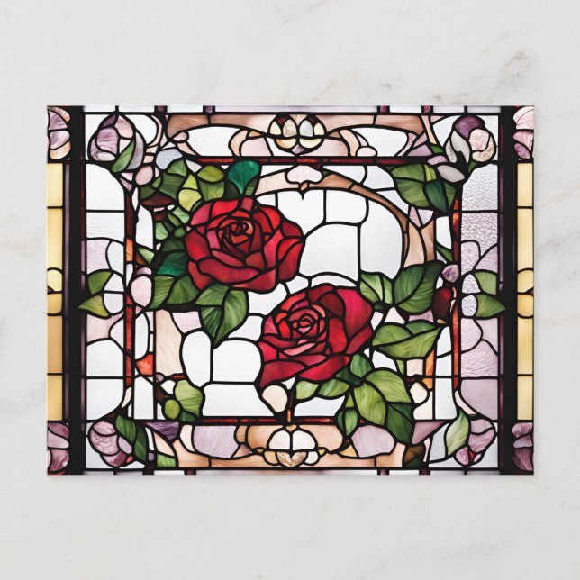 Postal Mosaico floral de rosas rojas de vidrio manchado (Anverso)