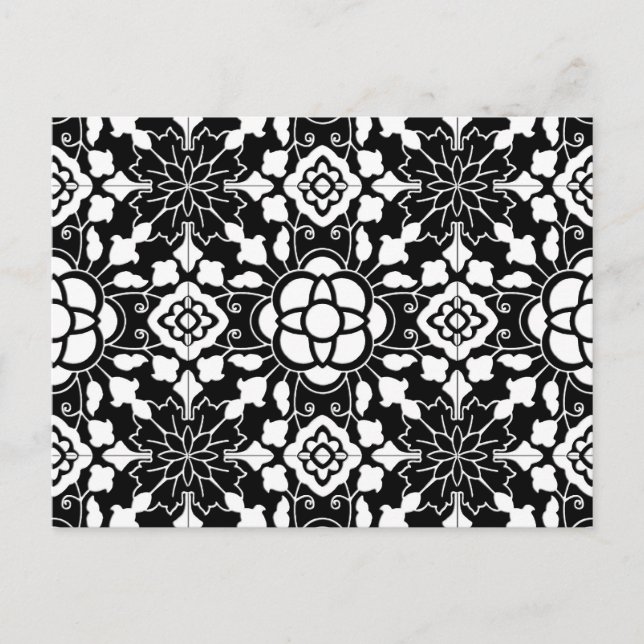 Postal Mosaico floral marroquí, negro y blanco (Anverso)