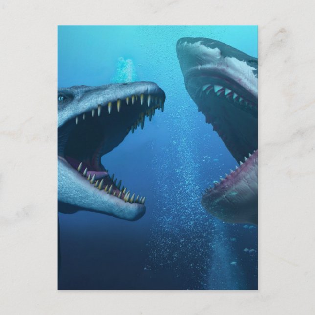 Postal Mosasauro versus megalodon (Anverso)