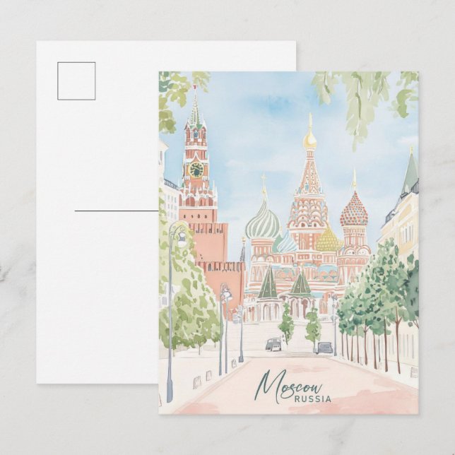 Postal Moscú Rusia Gouache Paint Ilustracion Viaje (Anverso / Reverso)