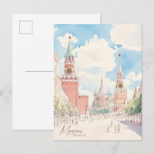 Postal Moscú Rusia Gouache Paint Ilustracion Viaje (Anverso / Reverso)