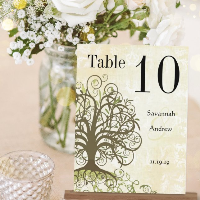Postal Moss Green & Brown Tree Swirl Table Number (Subido por el creador)