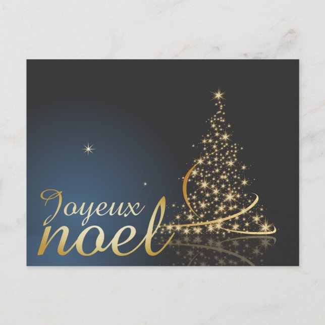 Postal Motivo de Navidad azul con árbol de Navidad dorado (Anverso)