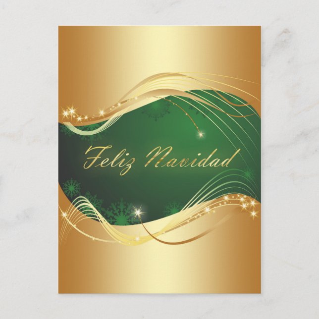 Postal Motivo dorado de Navidad con fondo verde (Anverso)