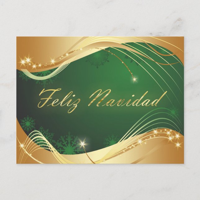 Postal Motivo dorado de Navidad con fondo verde (Anverso)