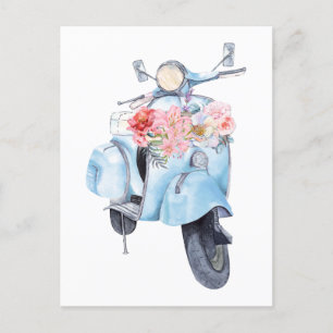 Postal Motocicleta azul vintage con flores