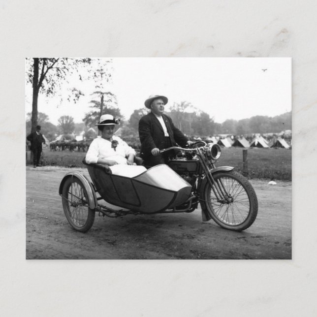 Postal Motocicleta con foto de sidecar vintage (Anverso)