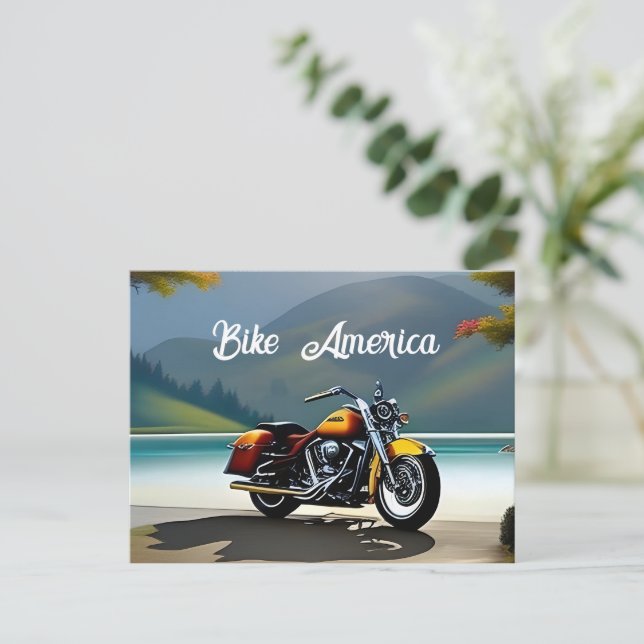 Postal Motocicleta Estacionado cerca del lago (Anverso de pie)