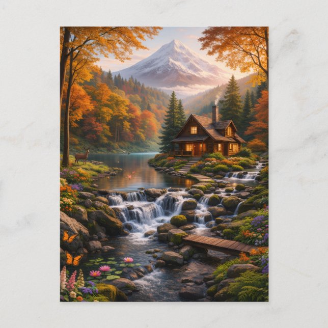 Postal Mountain Cabin in Autumn Glow Serene Nature  (Anverso)