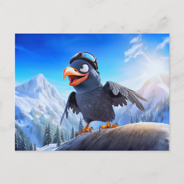 Postal Mountain Launch Raven With Ski Goggles In Winter T (Anverso)