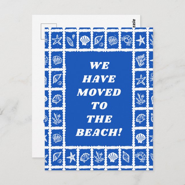 Postal MOVING ANNOUNCEMENT ADDRESS Blue Seashells Beach (Anverso / Reverso)