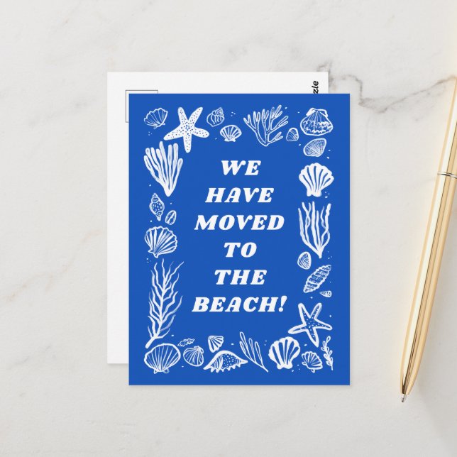 Postal MOVING ANNOUNCEMENT ADDRESS Blue Seashells Beach (Anverso/Reverso In Situ)