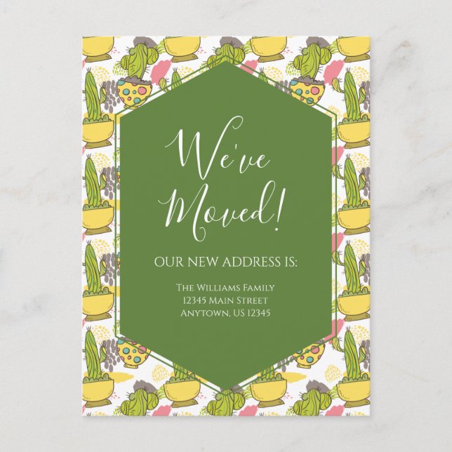 Postal Moving Announcement Potted Cactus Green Yellow (Anverso)