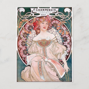 Postal Mucha Champenois paris vestido rosa dama de arte d