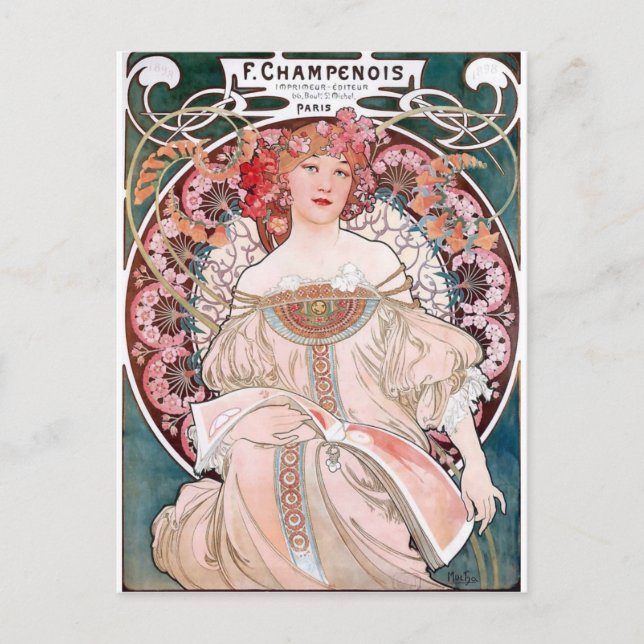 Postal Mucha Champenois paris vestido rosa dama de arte d (Anverso)