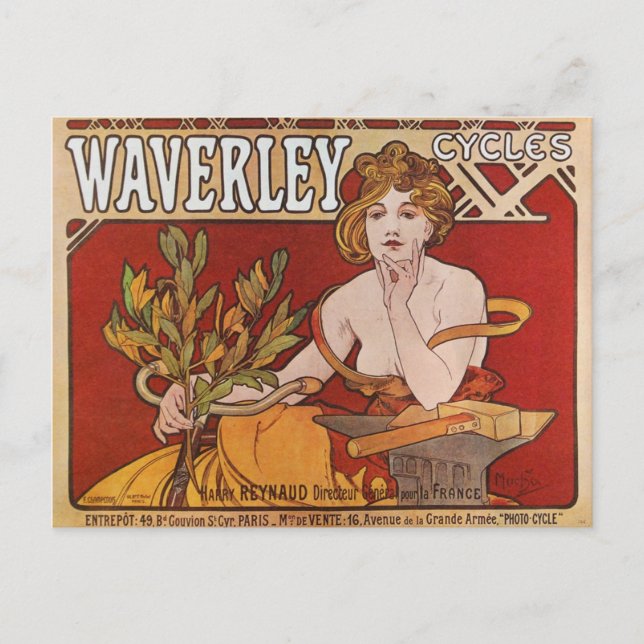Postal Mucha ~ Ciclos Waverley 1898 (Anverso)